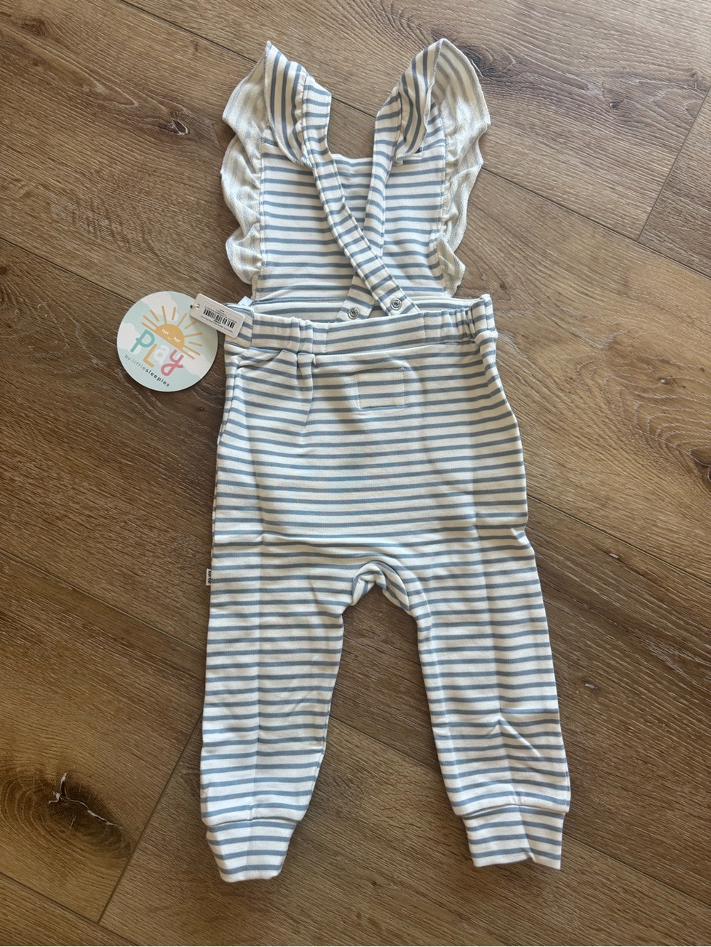 Little Sleepies Blue & White Striped Ruffle Overalls 6-12M girl - Picture 2 of 4